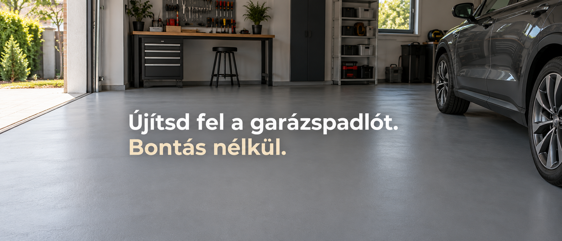 Modern garázs felújított, festett padlóval